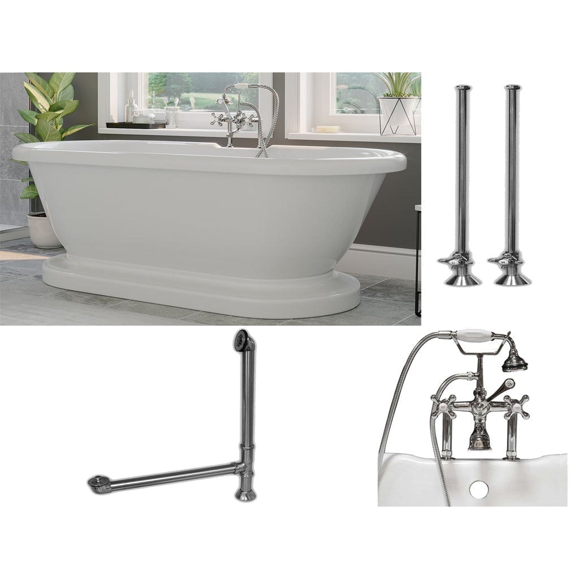 Cambridge Plumbing 60" White Acrylic Double Ended Pedestal Bathtub With Deck Holes And Complete Plumbing Package Including 6” Riser Deck Mount Faucet, Supply Lines, Drain And Overflow Assembly In Polished Chrome