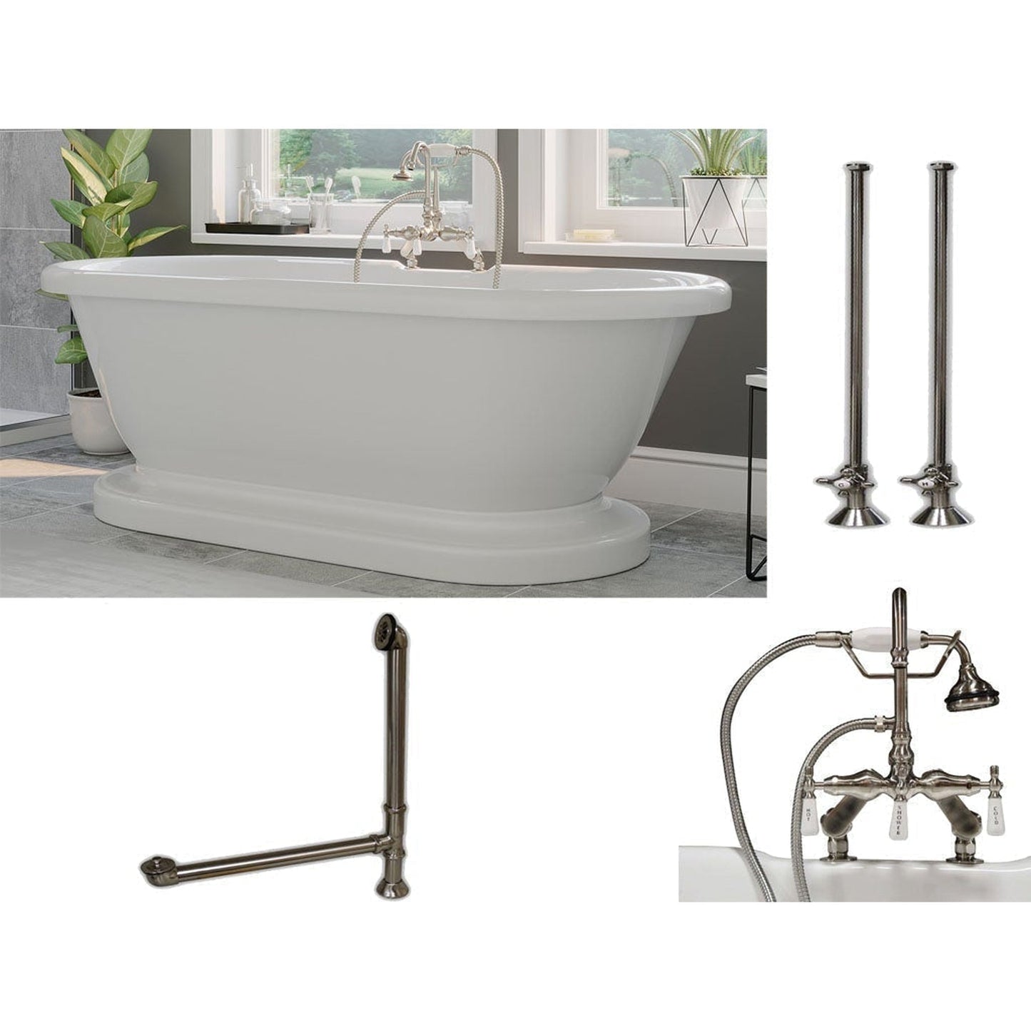 Cambridge Plumbing 60" White Acrylic Double Ended Pedestal Bathtub With Deck Holes And Complete Plumbing Package Including Porcelain Lever English Telephone Brass Faucet, Supply Lines, Drain And Overflow Assembly In Brushed Nickel