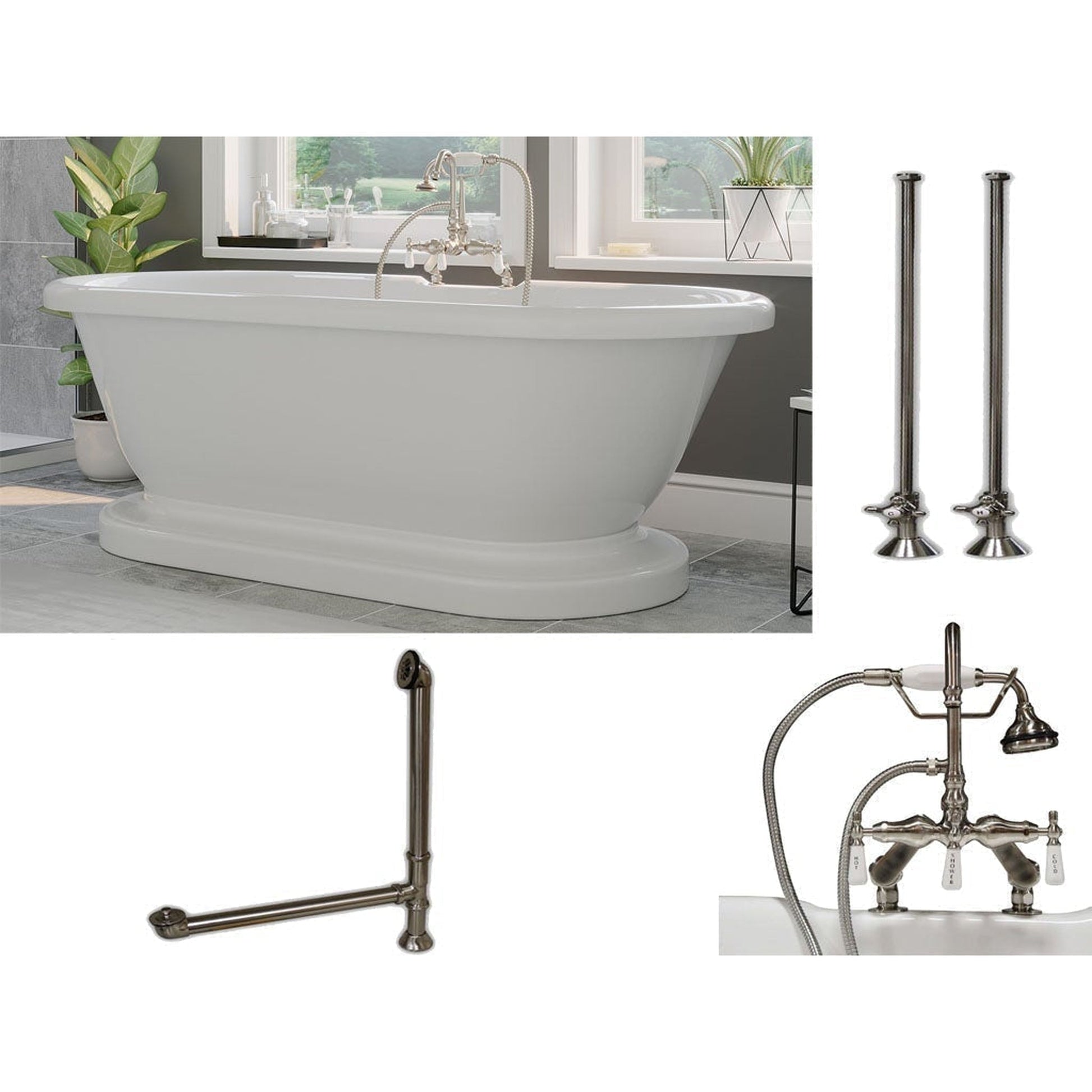 Cambridge Plumbing 60" White Acrylic Double Ended Pedestal Bathtub With Deck Holes And Complete Plumbing Package Including Porcelain Lever English Telephone Brass Faucet, Supply Lines, Drain And Overflow Assembly In Brushed Nickel