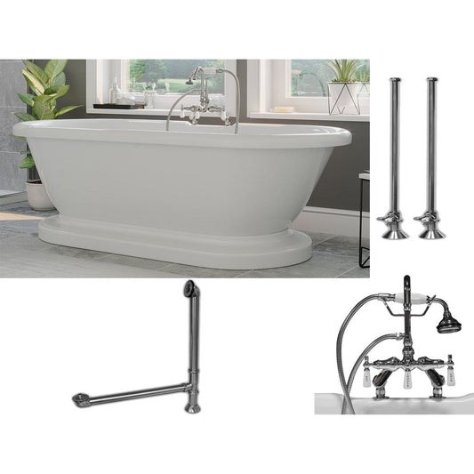 Cambridge Plumbing 60" White Acrylic Double Ended Pedestal Bathtub With Deck Holes And Complete Plumbing Package Including Porcelain Lever English Telephone Brass Faucet, Supply Lines, Drain And Overflow Assembly In Polished Chrome