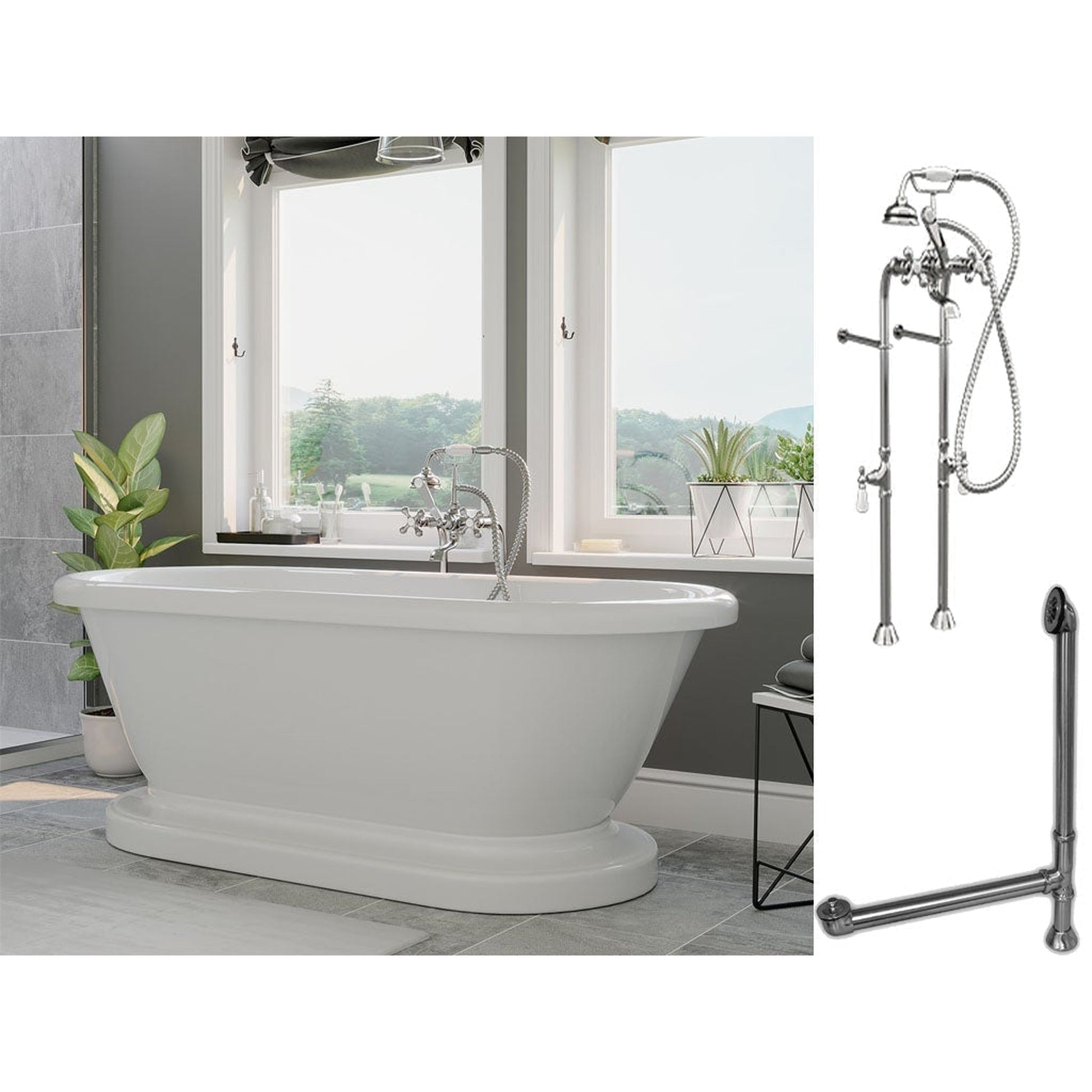 Cambridge Plumbing 60" White Acrylic Double Ended Pedestal Bathtub With No Deck Holes And Complete Plumbing Package Including Floor Mounted British Telephone Faucet, Drain And Overflow Assembly In Polished Chrome