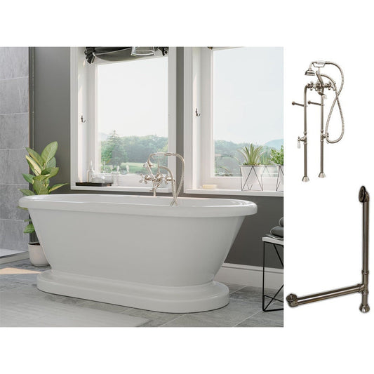 Cambridge Plumbing 60" White Acrylic Double Ended Pedestal Bathtub With No Deck Holes And Complete Plumbing Package Including Floor Mounted British Telephone Faucet, Drain And Overflow Assembly In Brushed Nickel