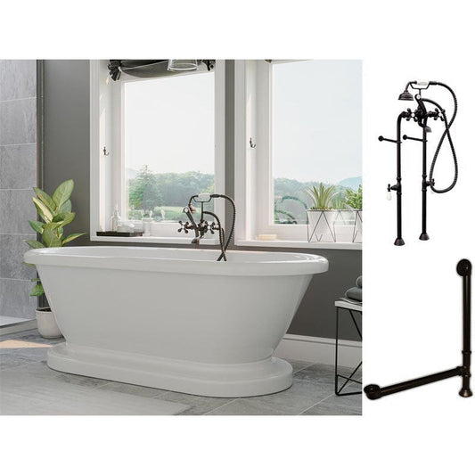 Cambridge Plumbing 60" White Acrylic Double Ended Pedestal Bathtub With No Deck Holes And Complete Plumbing Package Including Floor Mounted British Telephone Faucet, Drain And Overflow Assembly In Oil Rubbed Bronze