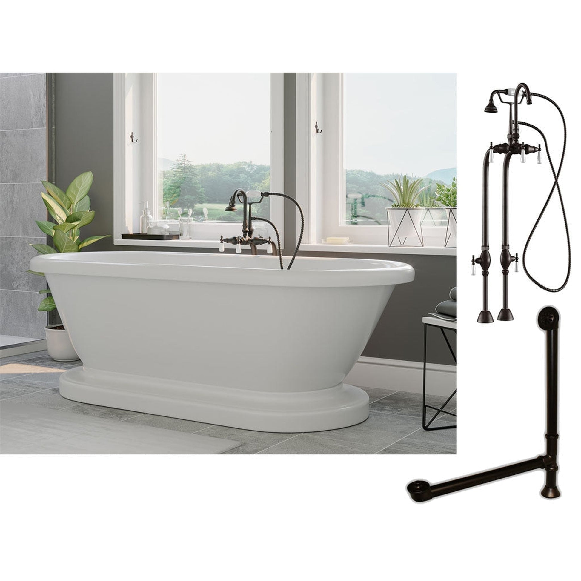 Cambridge Plumbing 60" White Acrylic Double Ended Pedestal Bathtub With No Deck Holes And Complete Plumbing Package Including Freestanding English Telephone Gooseneck Faucet , Drain And Overflow Assembly In Oil Rubbed Bronze