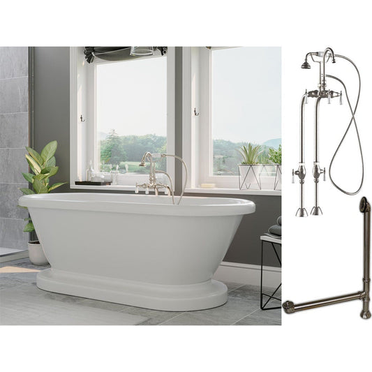 Cambridge Plumbing 60" White Acrylic Double Ended Pedestal Bathtub With No Deck Holes And Complete Plumbing Package Including Freestanding English Telephone Gooseneck Faucet , Drain And Overflow Assembly In Brushed Nickel