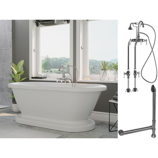 Cambridge Plumbing 60" White Acrylic Double Ended Pedestal Bathtub With No Deck Holes And Complete Plumbing Package Including Freestanding English Telephone Gooseneck Faucet , Drain And Overflow Assembly In Polished Chrome