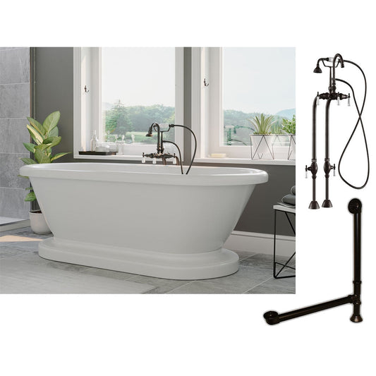 Cambridge Plumbing 60" White Acrylic Double Ended Pedestal Bathtub With No Deck Holes And Complete Plumbing Package Including Freestanding English Telephone Gooseneck Faucet , Drain And Overflow Assembly In Oil Rubbed Bronze