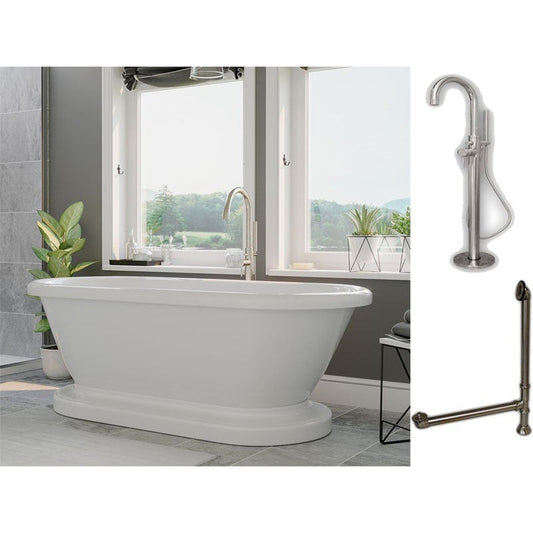 Cambridge Plumbing 60" White Acrylic Double Ended Pedestal Bathtub With No Deck Holes And Complete Plumbing Package Including Modern Floor Mounted Faucet, Drain And Overflow Assembly In Brushed Nickel
