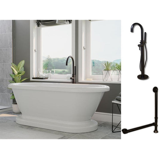 Cambridge Plumbing 60" White Acrylic Double Ended Pedestal Bathtub With No Deck Holes And Complete Plumbing Package Including Modern Floor Mounted Faucet, Drain And Overflow Assembly In Oil Rubbed Bronze