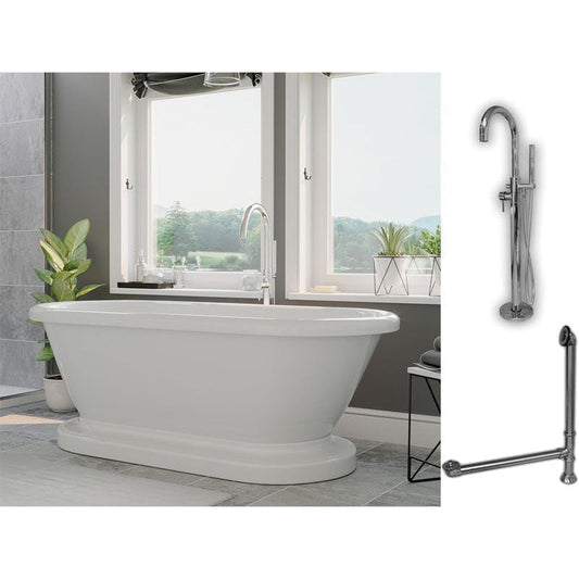 Cambridge Plumbing 60" White Acrylic Double Ended Pedestal Bathtub With No Deck Holes And Complete Plumbing Package Including Modern Floor Mounted Faucet, Drain And Overflow Assembly In Polished Chrome