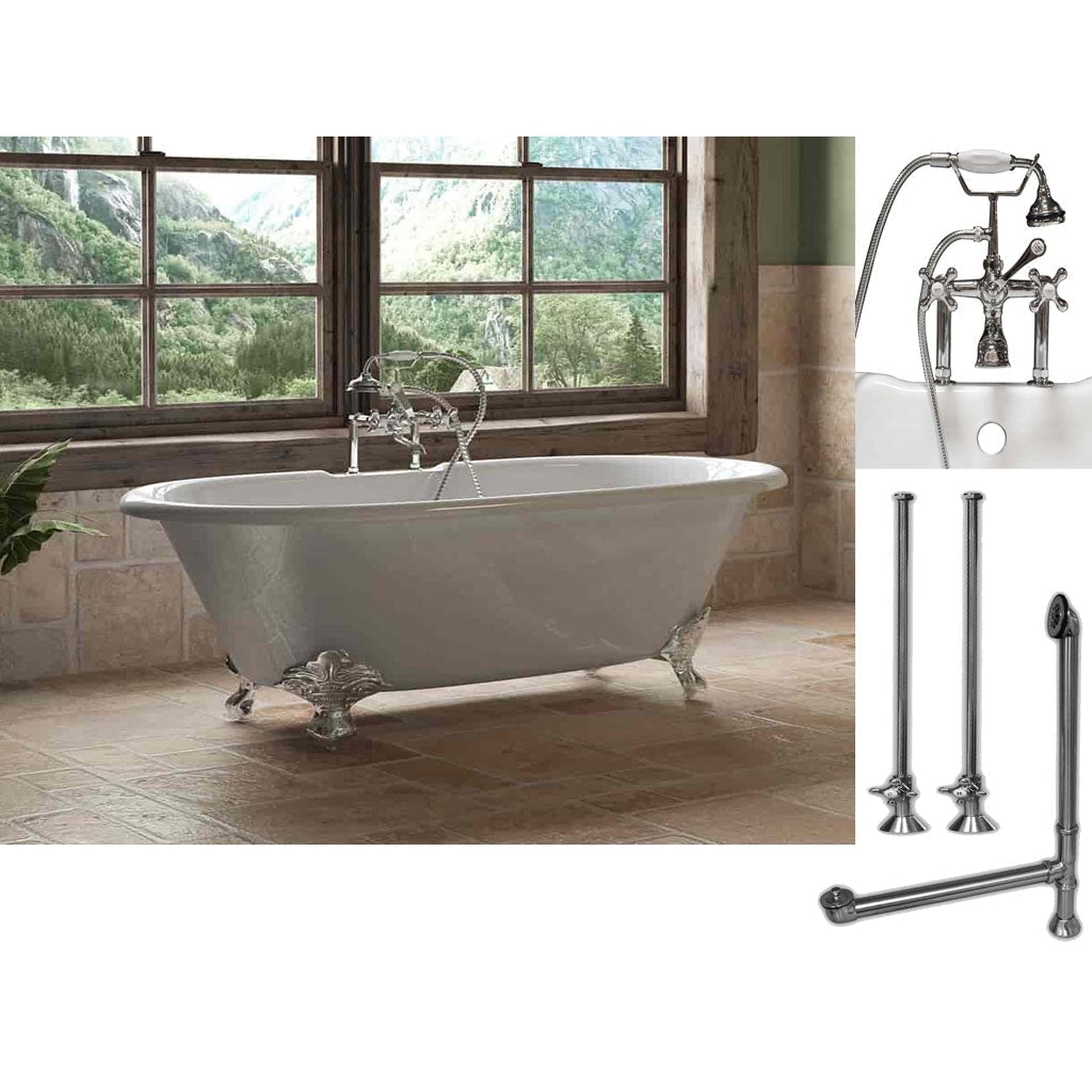 Cambridge Plumbing 60" White Cast Iron Double Ended Clawfoot Bathtub With Deck Holes And Complete Plumbing Package Including 6” Riser Deck Mount Faucet, Supply Lines, Drain And Overflow Assembly In Oil Rubbed Bronze