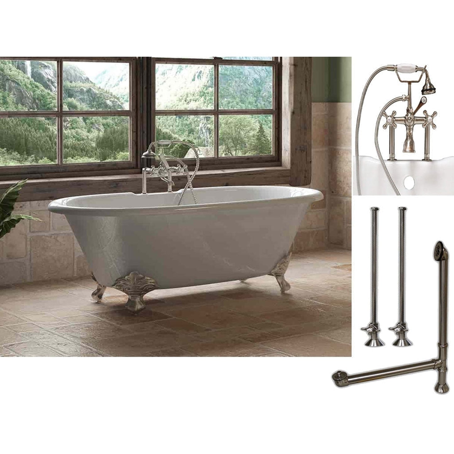 Cambridge Plumbing 60" White Cast Iron Double Ended Clawfoot Bathtub With Deck Holes And Complete Plumbing Package Including 6” Riser Deck Mount Faucet, Supply Lines, Drain And Overflow Assembly In Brushed Nickel