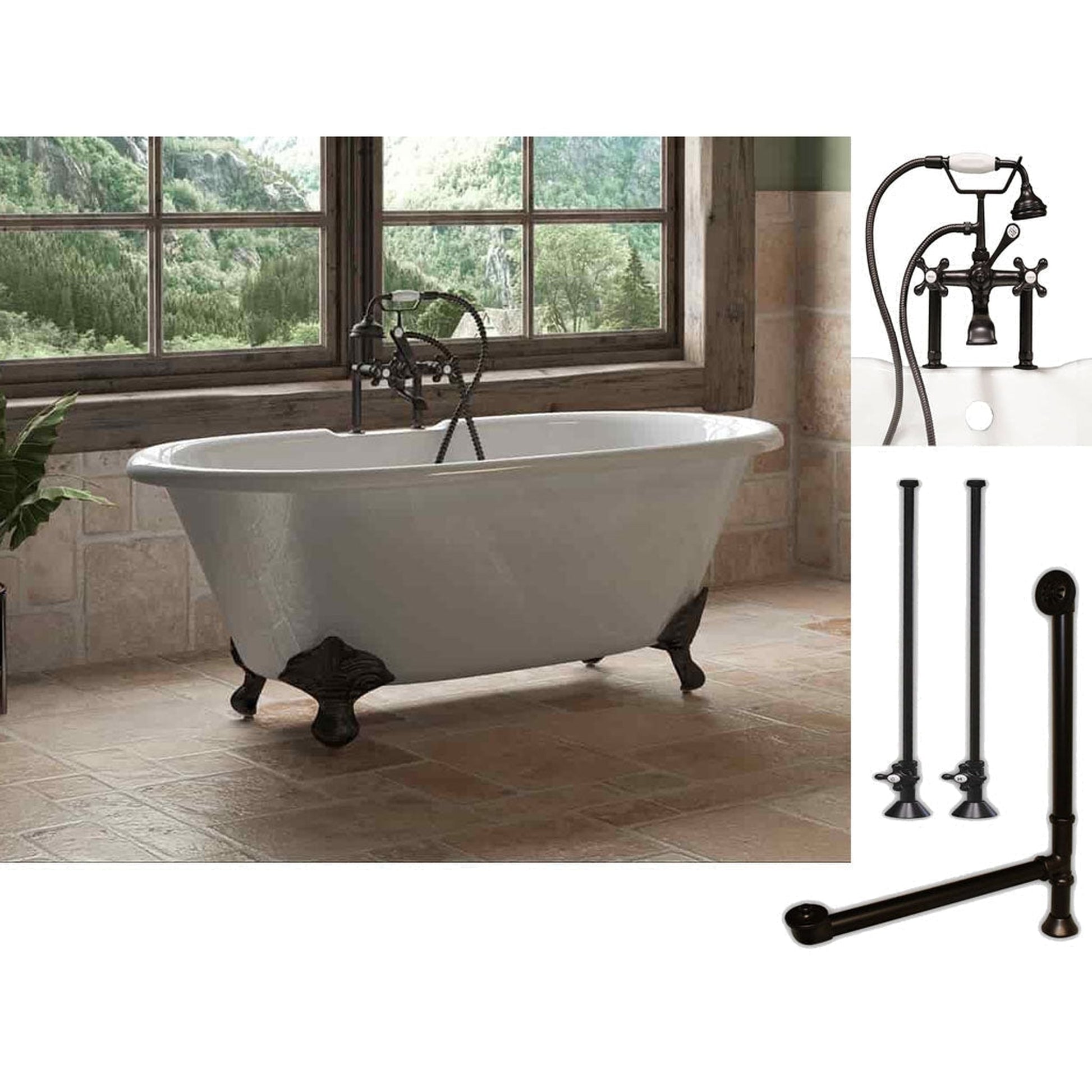 Cambridge Plumbing 60" White Cast Iron Double Ended Clawfoot Bathtub With Deck Holes And Complete Plumbing Package Including 6” Riser Deck Mount Faucet, Supply Lines, Drain And Overflow Assembly In Oil Rubbed Bronze