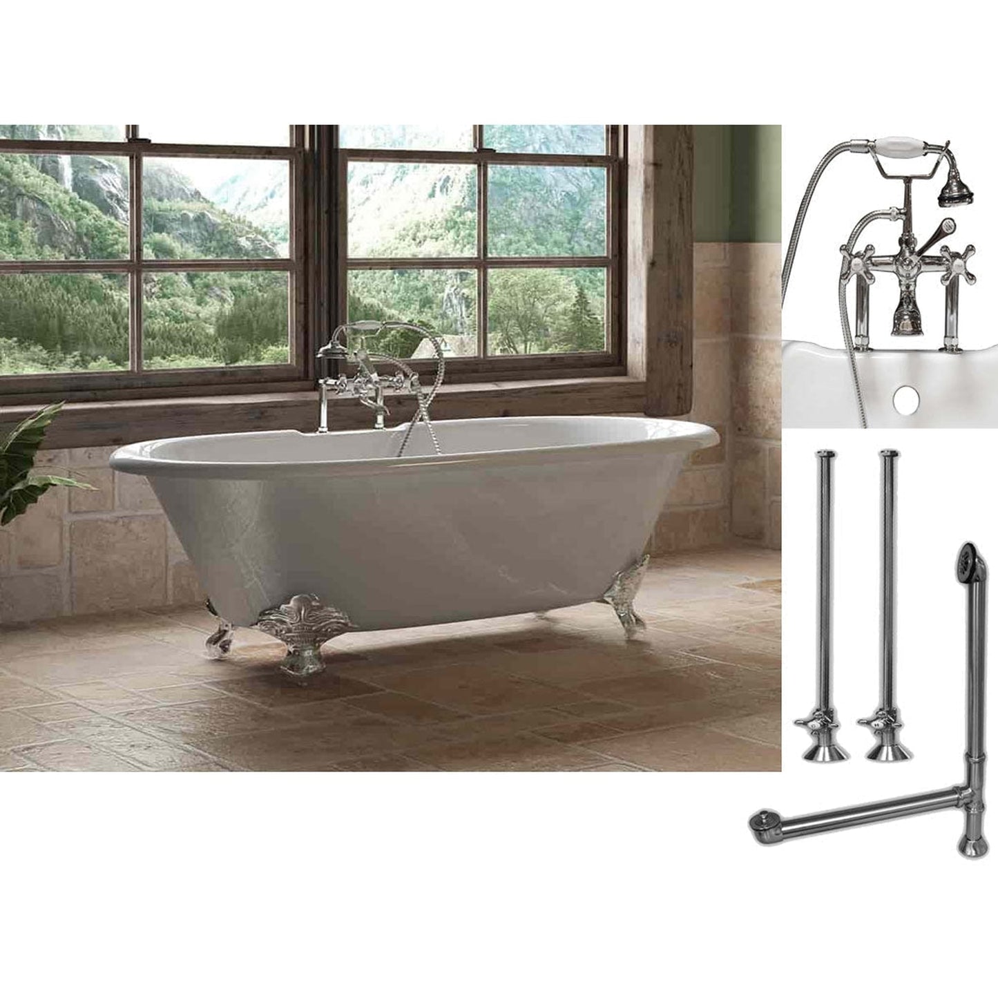 Cambridge Plumbing 60" White Cast Iron Double Ended Clawfoot Bathtub With Deck Holes And Complete Plumbing Package Including 6” Riser Deck Mount Faucet, Supply Lines, Drain And Overflow Assembly In Polished Chrome