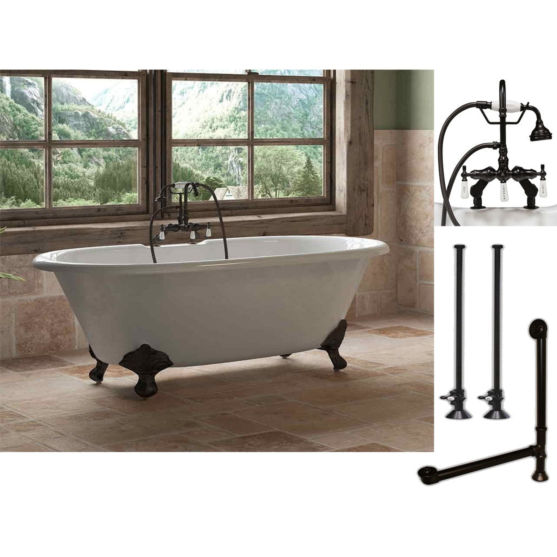 Cambridge Plumbing 60" White Cast Iron Double Ended Clawfoot Bathtub With Deck Holes And Complete Plumbing Package Including Porcelain Lever English Telephone Brass Faucet, Supply Lines, Drain And Overflow Assembly In Oil Rubbed Bronze