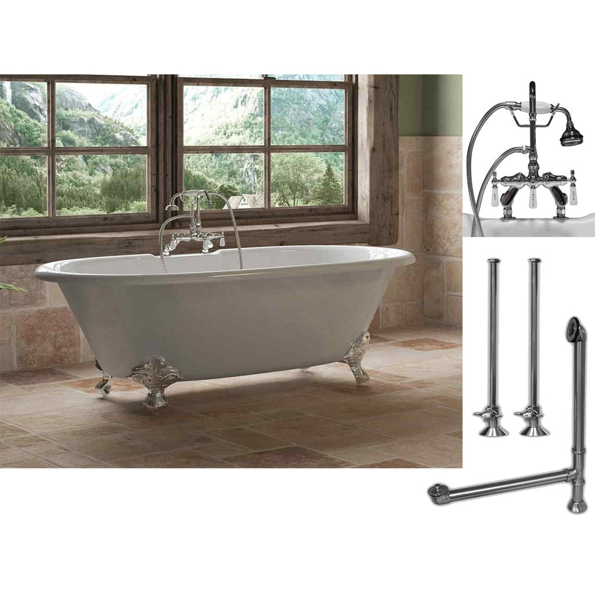 Cambridge Plumbing 60" White Cast Iron Double Ended Clawfoot Bathtub With Deck Holes And Complete Plumbing Package Including Porcelain Lever English Telephone Brass Faucet, Supply Lines, Drain And Overflow Assembly In Polished Chrome