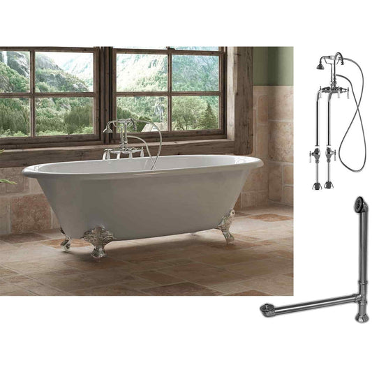 Cambridge Plumbing 60" White Cast Iron Double Ended Clawfoot Bathtub With No Deck Holes And Complete Plumbing Package Including Freestanding English Telephone Gooseneck Faucet, Drain And Overflow Assembly In Polished Chrome