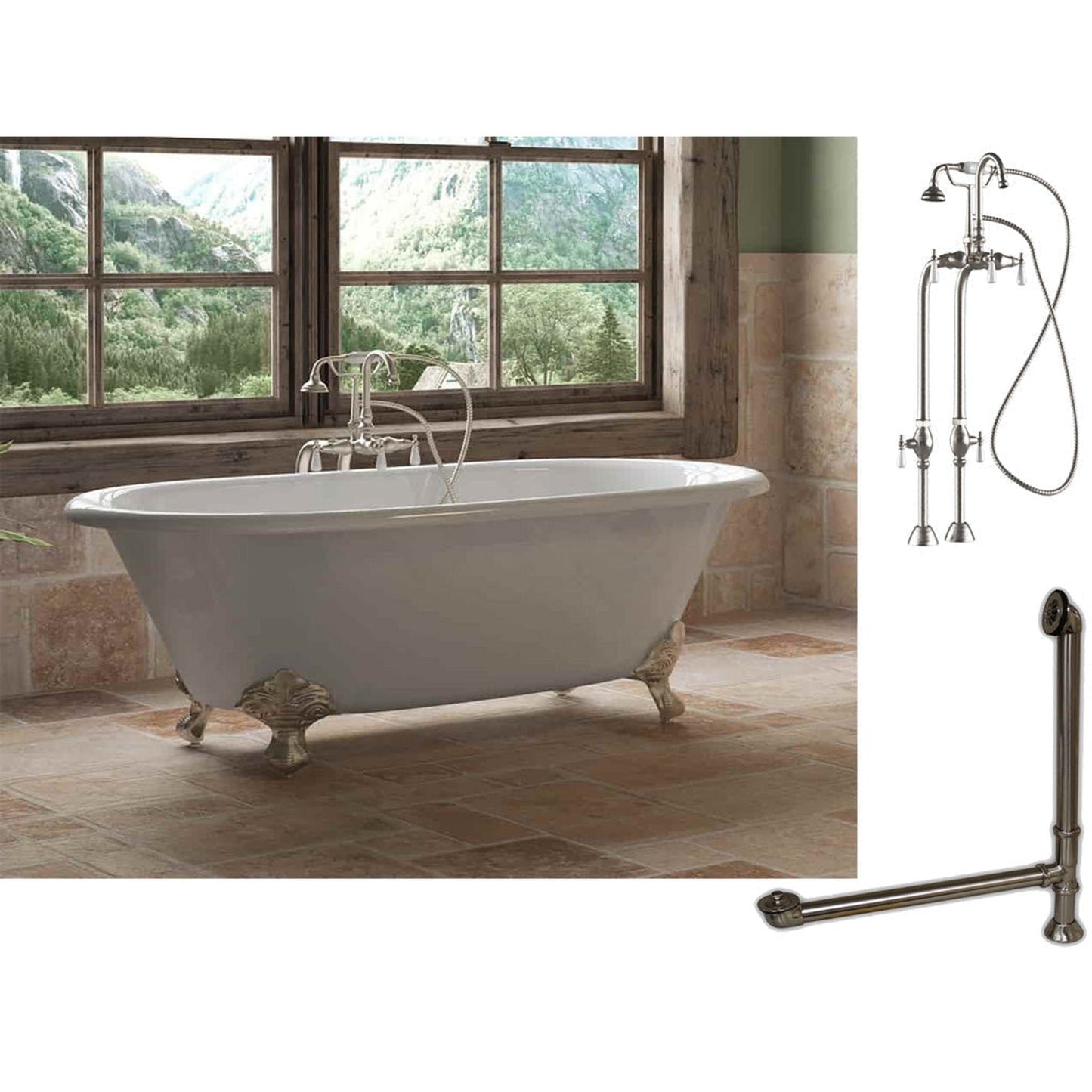 Cambridge Plumbing 60" White Cast Iron Double Ended Clawfoot Bathtub With No Deck Holes And Complete Plumbing Package Including Freestanding English Telephone Gooseneck Faucet, Drain And Overflow Assembly In Brushed Nickel