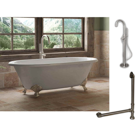 Cambridge Plumbing 60" White Cast Iron Double Ended Clawfoot Bathtub With No Deck Holes And Complete Plumbing Package Including Freestanding Floor Mounted Faucet, Drain And Overflow Assembly In Brushed Nickel