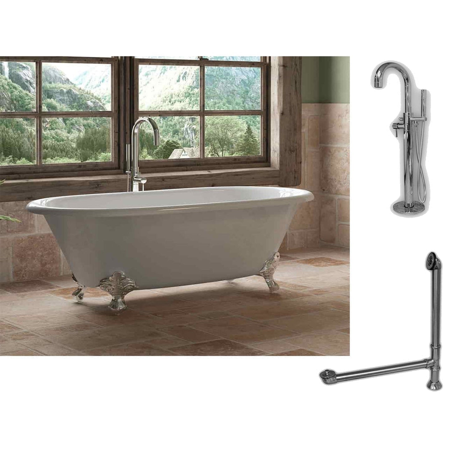 Cambridge Plumbing 60" White Cast Iron Double Ended Clawfoot Bathtub With No Deck Holes And Complete Plumbing Package Including Freestanding Floor Mounted Faucet, Drain And Overflow Assembly In Polished Chrome