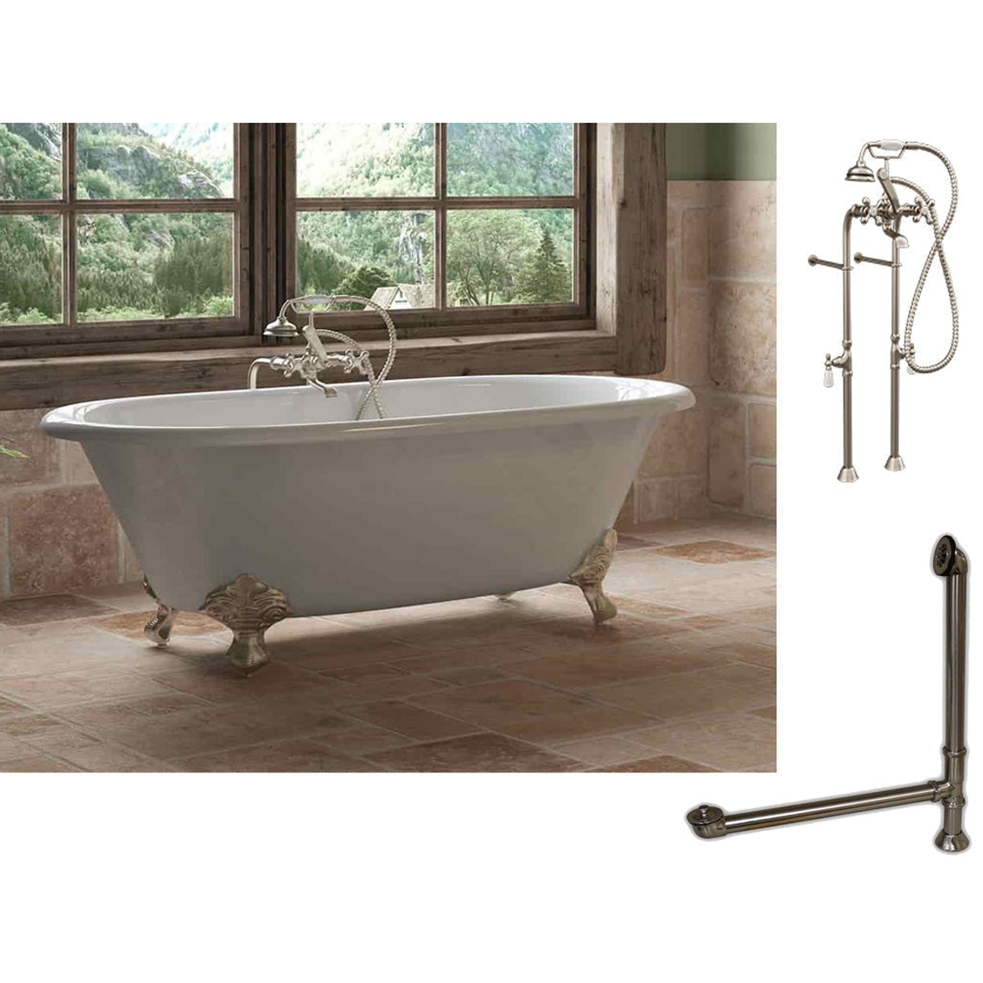 Cambridge Plumbing 60" White Cast Iron Double Ended Clawfoot Bathtub With No Deck Holes And Complete Plumbing Package Including Modern Floor Mounted British Telephone Faucet, Drain And Overflow Assembly In Brushed Nickel