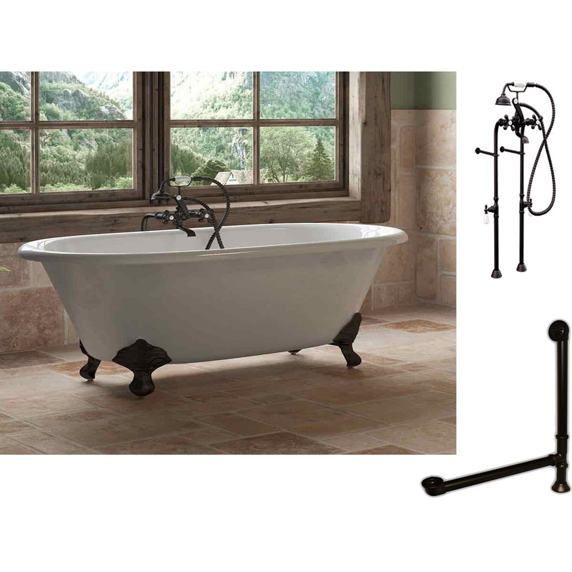 Cambridge Plumbing 60" White Cast Iron Double Ended Clawfoot Bathtub With No Deck Holes And Complete Plumbing Package Including Modern Floor Mounted British Telephone Faucet, Drain And Overflow Assembly In Oil Rubbed Bronze