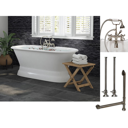 Cambridge Plumbing 60" White Cast Iron Double Ended Pedestal Bathtub With Deck Holes And Complete Plumbing Package Including 2” Riser Deck Mount Faucet, Supply Lines, Drain And Overflow Assembly In Brushed Nickel