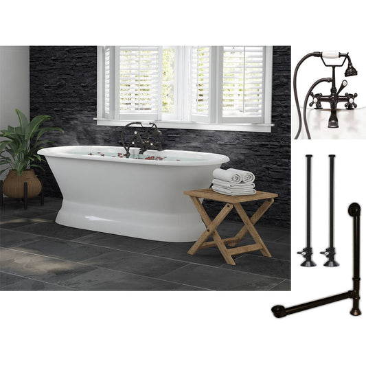 Cambridge Plumbing 60" White Cast Iron Double Ended Pedestal Bathtub With Deck Holes And Complete Plumbing Package Including 2” Riser Deck Mount Faucet, Supply Lines, Drain And Overflow Assembly In Oil Rubbed Bronze