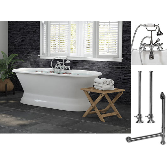 Cambridge Plumbing 60" White Cast Iron Double Ended Pedestal Bathtub With Deck Holes And Complete Plumbing Package Including 2” Riser Deck Mount Faucet, Supply Lines, Drain And Overflow Assembly In Polished Chrome