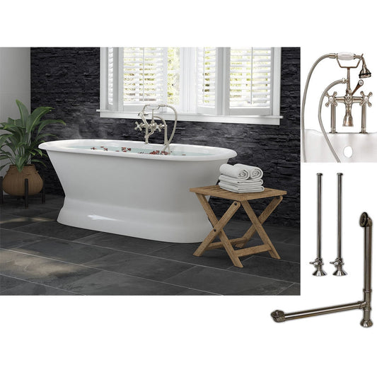 Cambridge Plumbing 60" White Cast Iron Double Ended Pedestal Bathtub With Deck Holes And Complete Plumbing Package Including 6” Riser Deck Mount Faucet, Supply Lines, Drain And Overflow Assembly In Brushed Nickel