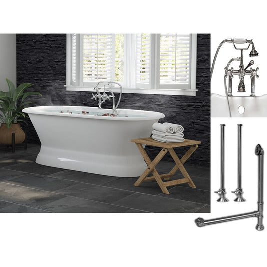 Cambridge Plumbing 60" White Cast Iron Double Ended Pedestal Bathtub With Deck Holes And Complete Plumbing Package Including 6” Riser Deck Mount Faucet, Supply Lines, Drain And Overflow Assembly In Polished Chrome