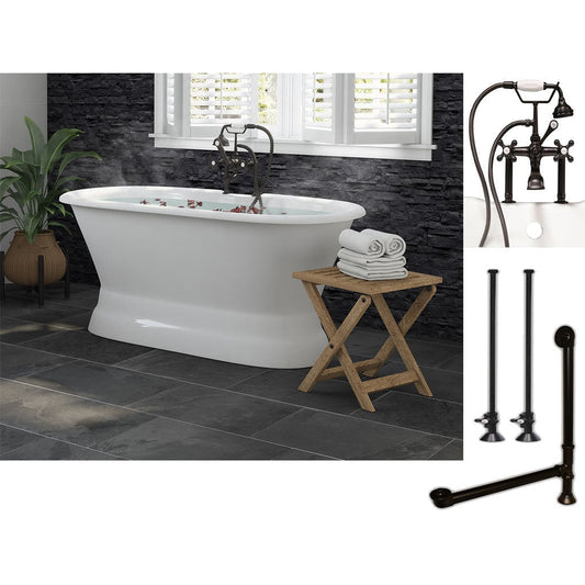 Cambridge Plumbing 60" White Cast Iron Double Ended Pedestal Bathtub With Deck Holes And Complete Plumbing Package Including 6” Riser Deck Mount Faucet, Supply Lines, Drain And Overflow Assembly In Oil Rubbed Bronze