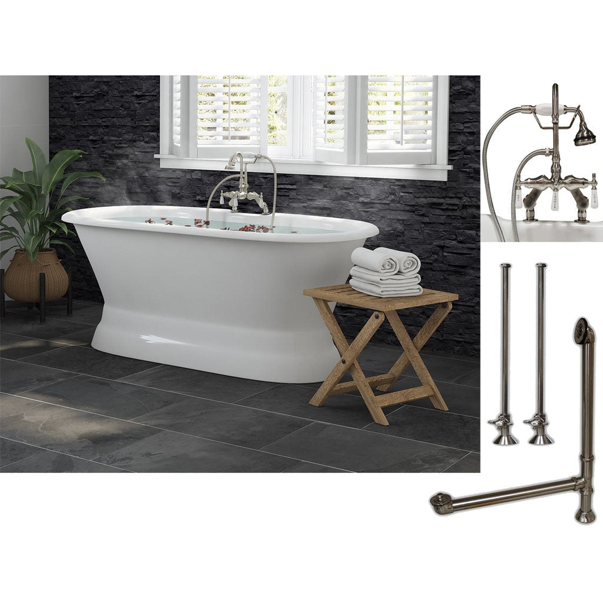 Cambridge Plumbing 60" White Cast Iron Double Ended Pedestal Bathtub With Deck Holes And Complete Plumbing Package Including Porcelain Lever English Telephone Brass Faucet, Supply Lines, Drain And Overflow Assembly In Brushed Nickel