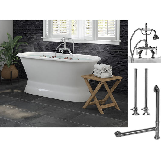 Cambridge Plumbing 60" White Cast Iron Double Ended Pedestal Bathtub With Deck Holes And Complete Plumbing Package Including Porcelain Lever English Telephone Brass Faucet, Supply Lines, Drain And Overflow Assembly In Polished Chrome