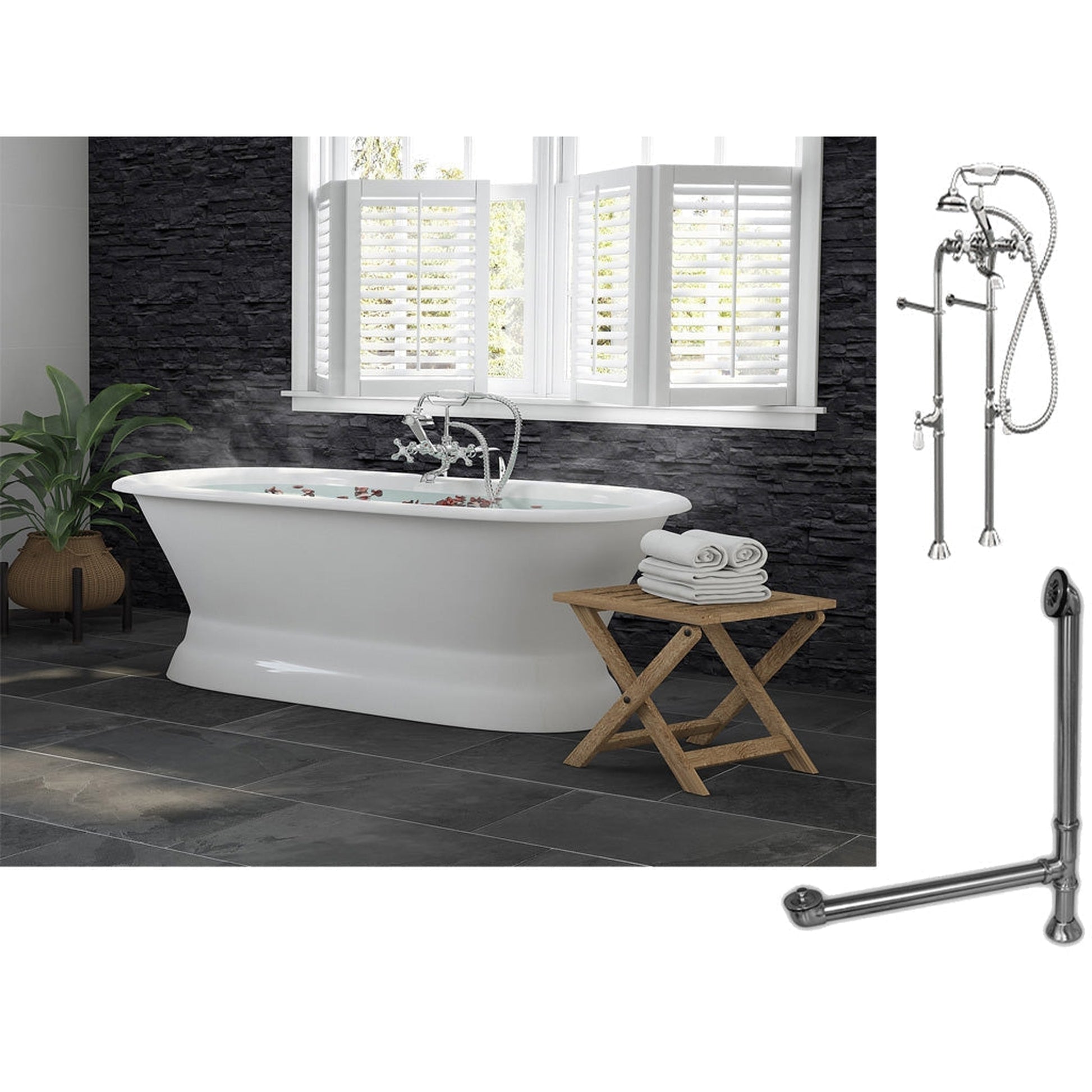 Cambridge Plumbing 60" White Cast Iron Double Ended Pedestal Bathtub With No Deck Holes And Complete Plumbing Package Including Floor Mounted British Telephone Faucet, Drain And Overflow Assembly In Polished Chrome