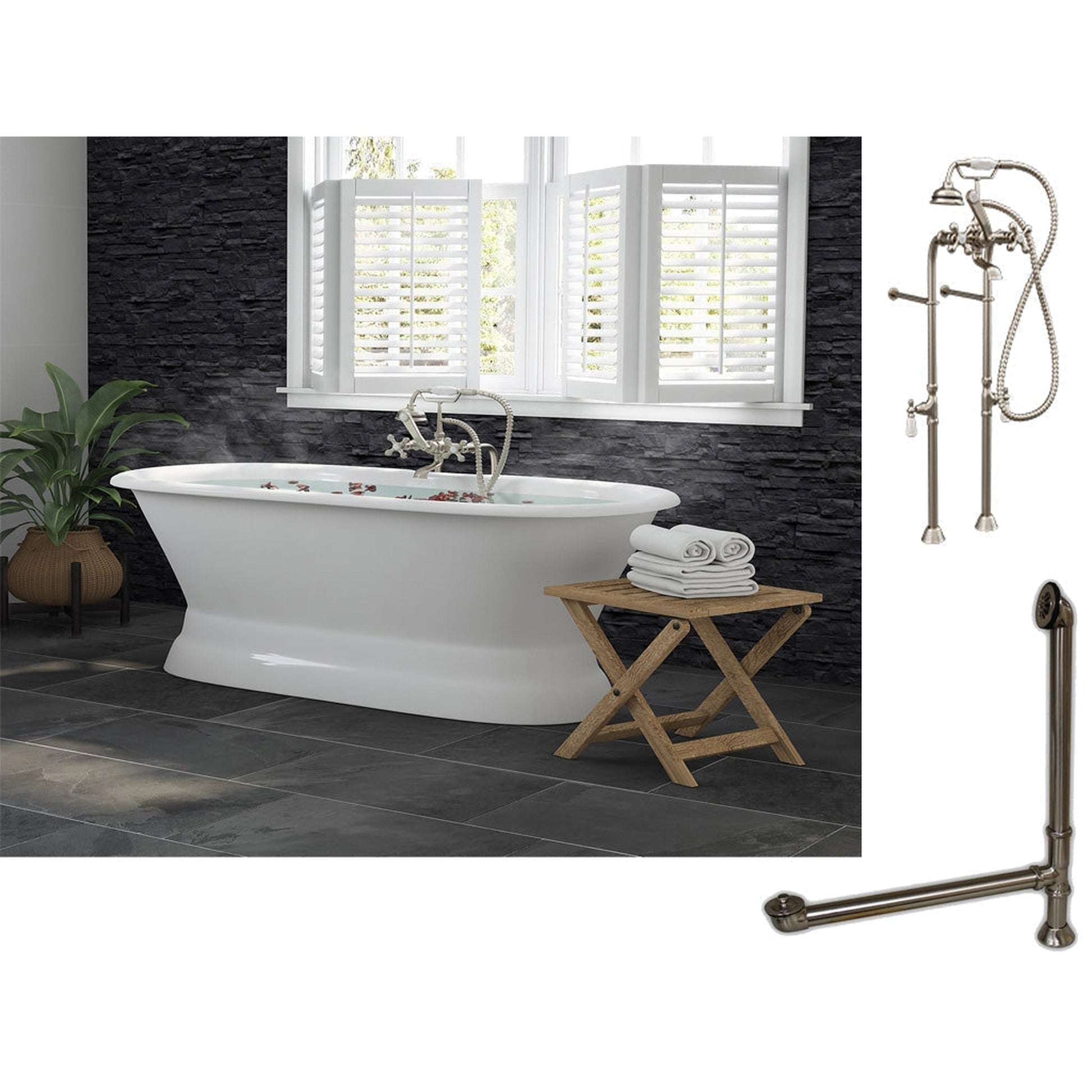 Cambridge Plumbing 60" White Cast Iron Double Ended Pedestal Bathtub With No Deck Holes And Complete Plumbing Package Including Floor Mounted British Telephone Faucet, Drain And Overflow Assembly In Brushed Nickel