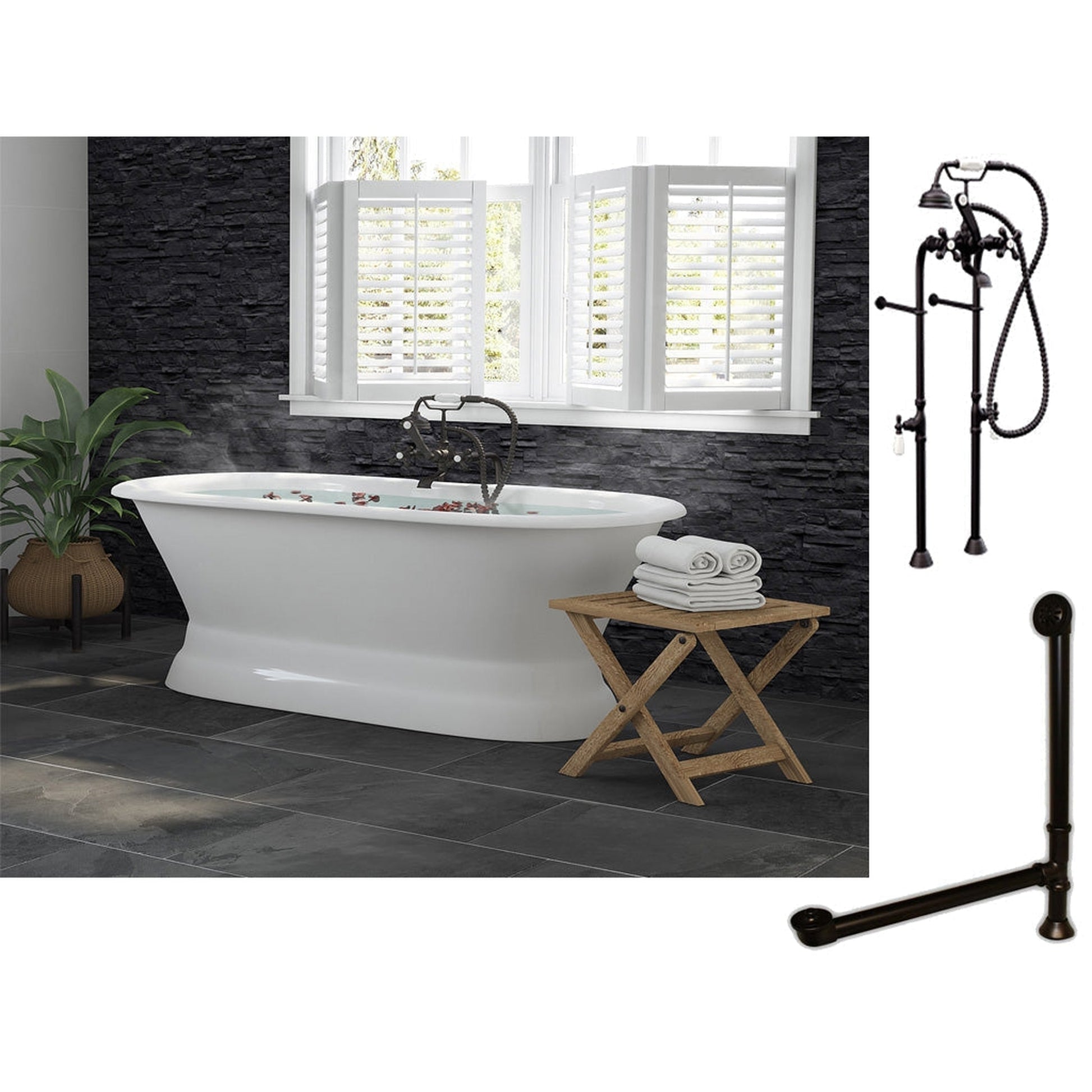 Cambridge Plumbing 60" White Cast Iron Double Ended Pedestal Bathtub With No Deck Holes And Complete Plumbing Package Including Floor Mounted British Telephone Faucet, Drain And Overflow Assembly In Oil Rubbed Bronze
