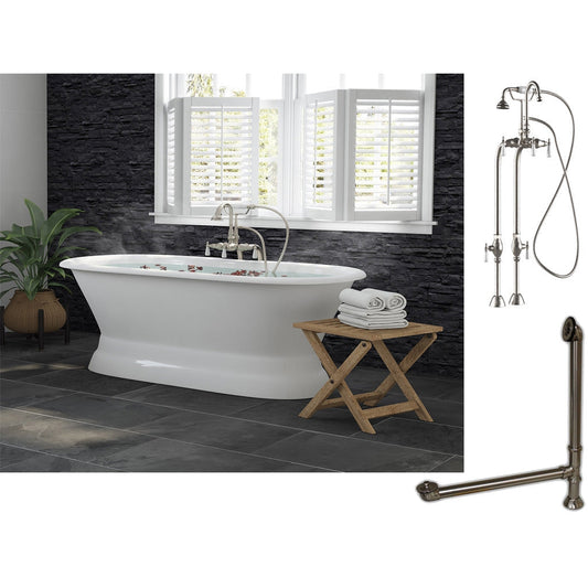 Cambridge Plumbing 60" White Cast Iron Double Ended Pedestal Bathtub With No Deck Holes And Complete Plumbing Package Including Freestanding English Telephone Gooseneck Faucet, Drain And Overflow Assembly In Brushed Nickel