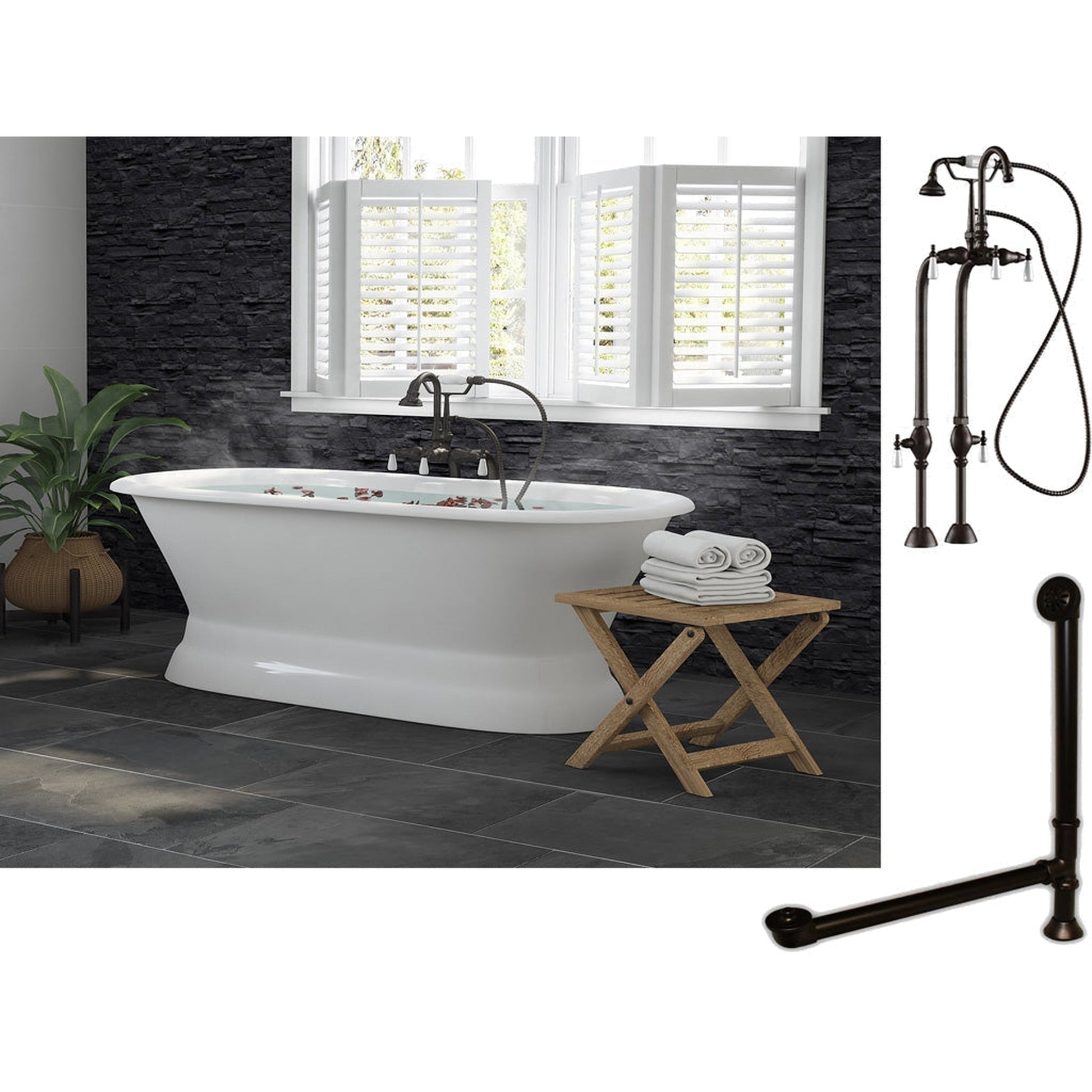 Cambridge Plumbing 60" White Cast Iron Double Ended Pedestal Bathtub With No Deck Holes And Complete Plumbing Package Including Freestanding English Telephone Gooseneck Faucet, Drain And Overflow Assembly In Oil Rubbed Bronze