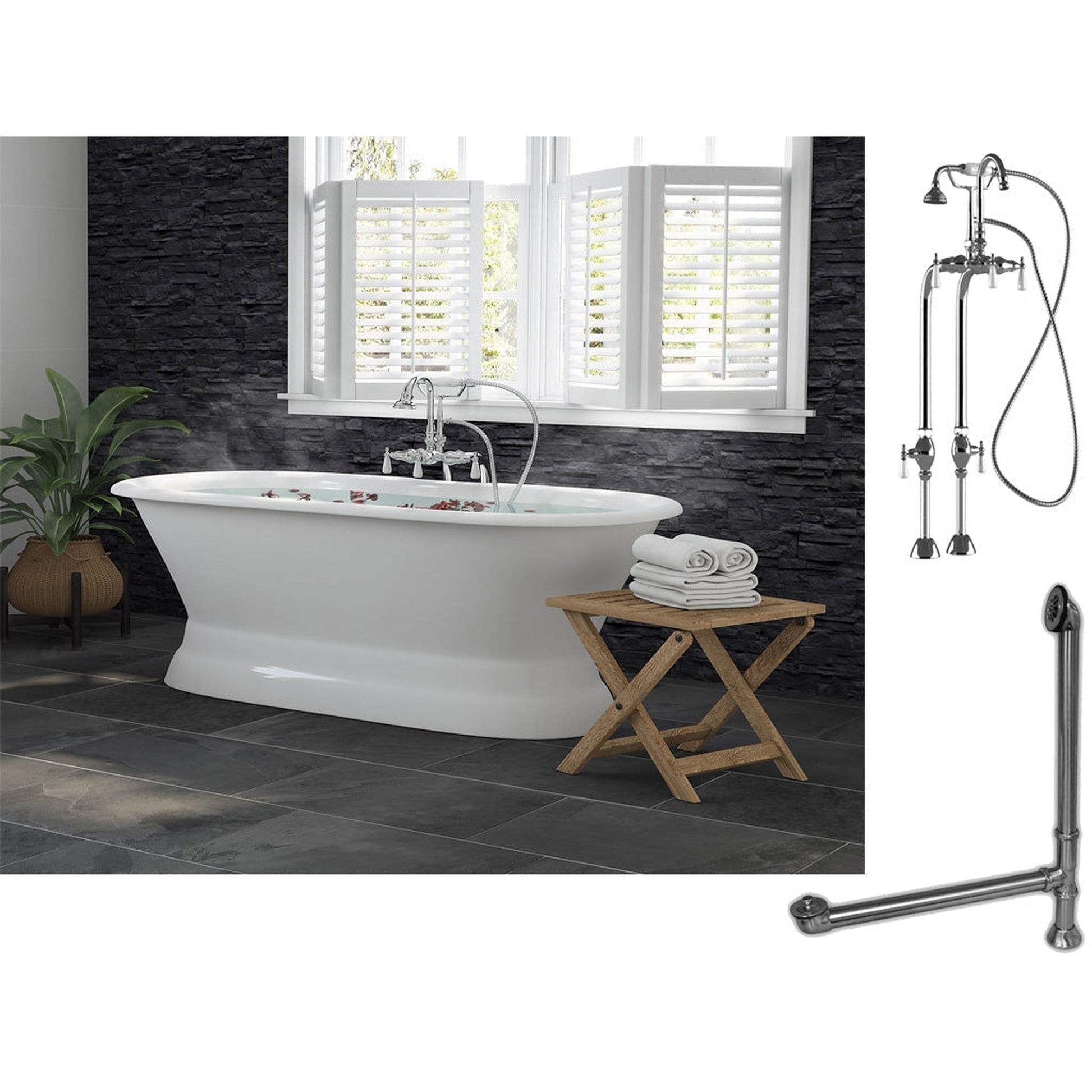Cambridge Plumbing 60" White Cast Iron Double Ended Pedestal Bathtub With No Deck Holes And Complete Plumbing Package Including Freestanding English Telephone Gooseneck Faucet, Drain And Overflow Assembly In Polished Chrome