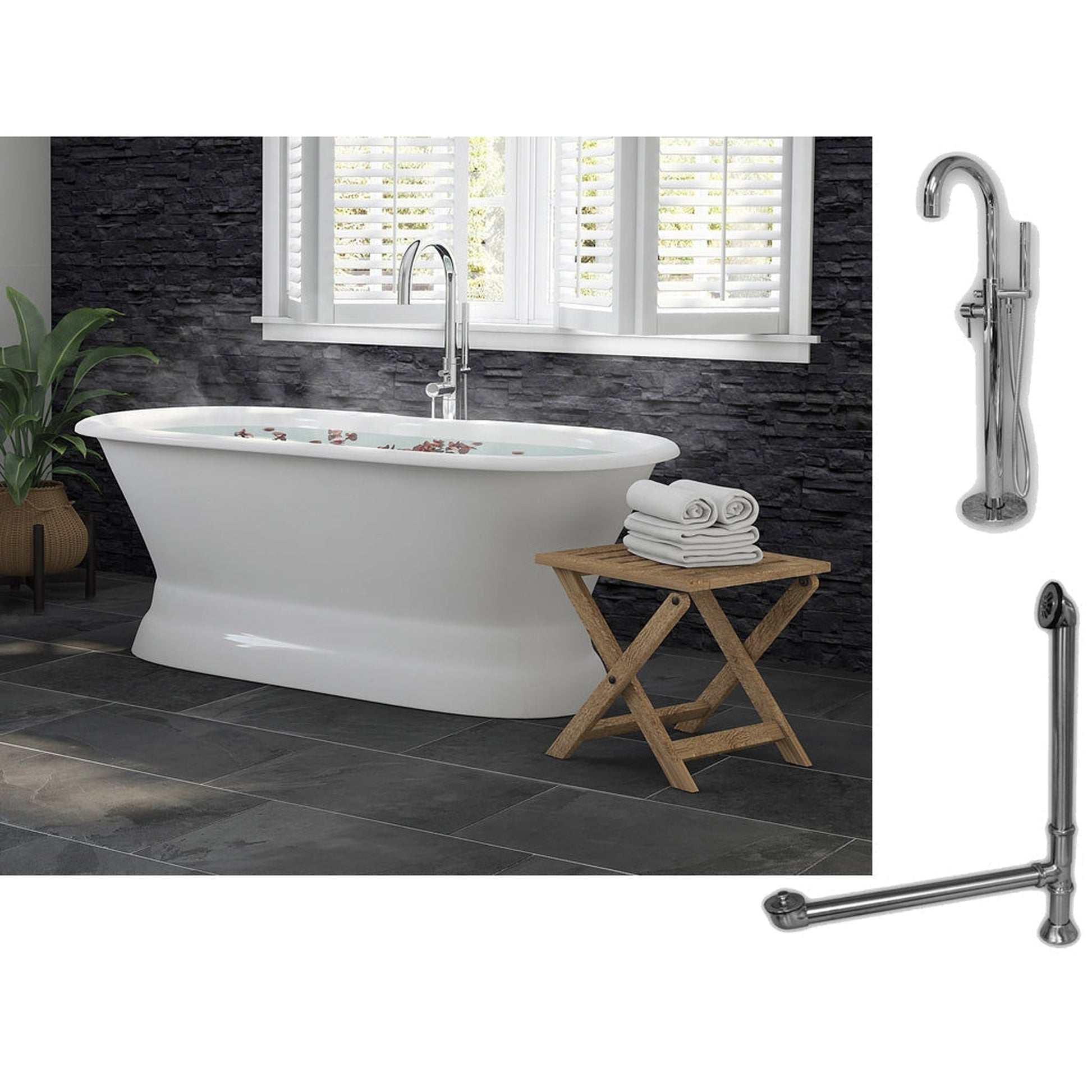 Cambridge Plumbing 60" White Cast Iron Double Ended Pedestal Bathtub With No Deck Holes And Complete Plumbing Package Including Modern Floor Mounted Faucet, Drain And Overflow Assembly In Polished Chrome