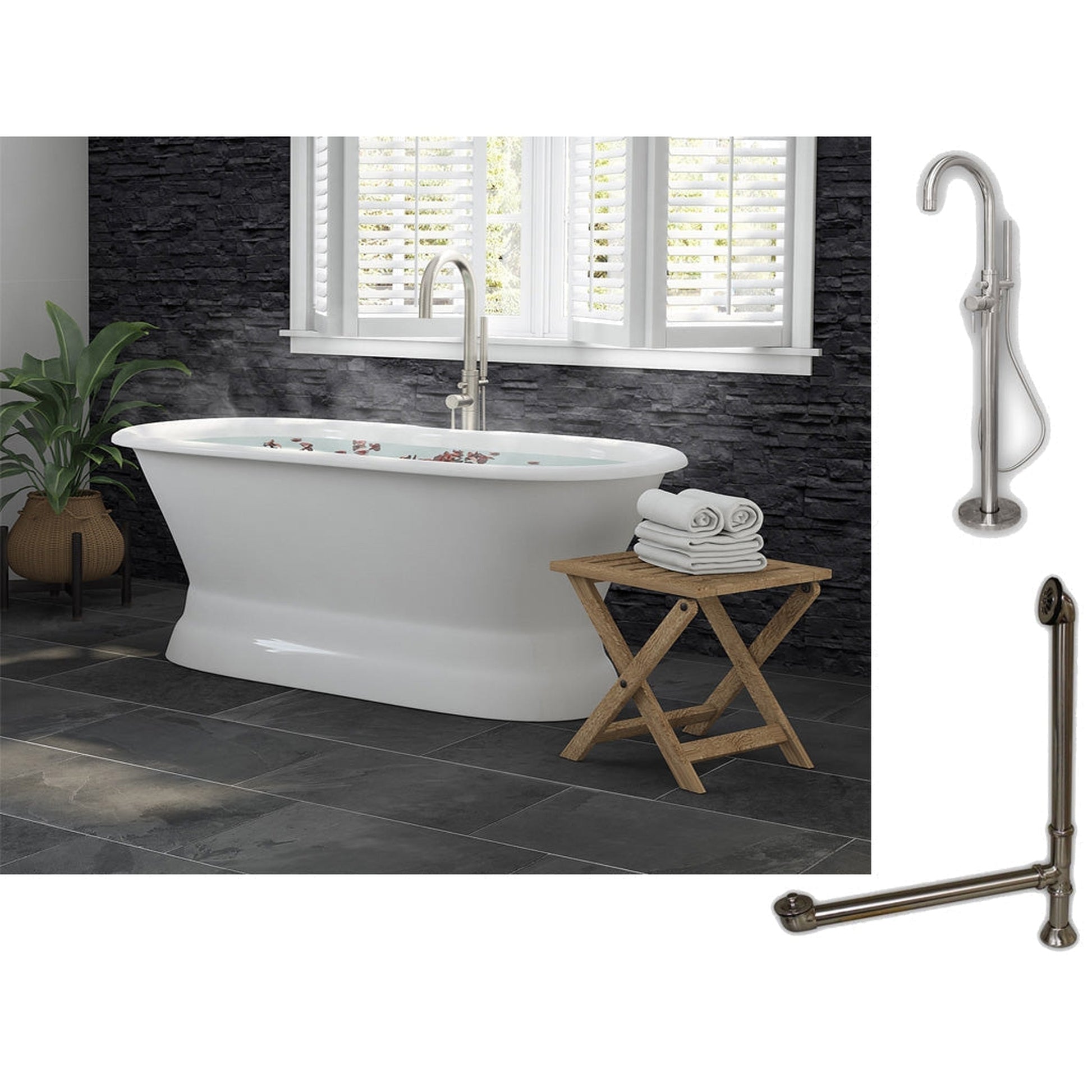 Cambridge Plumbing 60" White Cast Iron Double Ended Pedestal Bathtub With No Deck Holes And Complete Plumbing Package Including Modern Floor Mounted Faucet, Drain And Overflow Assembly In Brushed Nickel