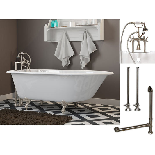 Cambridge Plumbing 60" White Cast Iron Rolled Rim Clawfoot Bathtub With Deck Holes And Complete Plumbing Package Including 6” Riser Deck Mount Faucet, Supply Lines, Drain And Overflow Assembly In Brushed Nickel