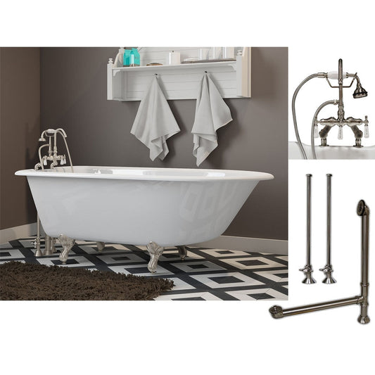 Cambridge Plumbing 60" White Cast Iron Rolled Rim Clawfoot Bathtub With Deck Holes And Complete Plumbing Package Including Porcelain Lever English Telephone Brass Faucet, Supply Lines, Drain And Overflow Assembly In Brushed Nickel