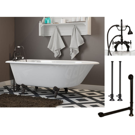 Cambridge Plumbing 60" White Cast Iron Rolled Rim Clawfoot Bathtub With Deck Holes And Complete Plumbing Package Including Porcelain Lever English Telephone Brass Faucet, Supply Lines, Drain And Overflow Assembly In Oil Rubbed Bronze