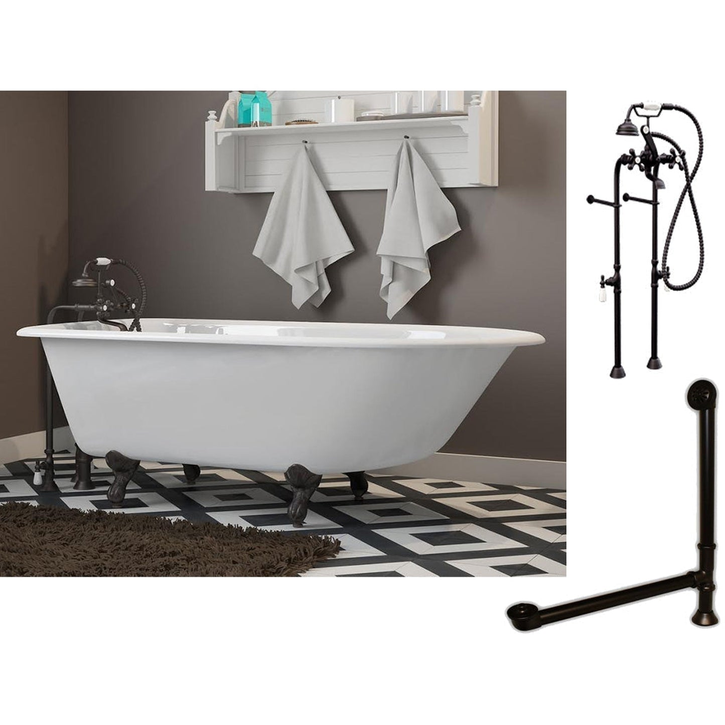 Cambridge Plumbing 60" White Cast Iron Rolled Rim Clawfoot Bathtub With No Deck Holes And Complete Plumbing Package Including Floor Mounted British Telephone Faucet, Drain And Overflow Assembly In Oil Rubbed Bronze
