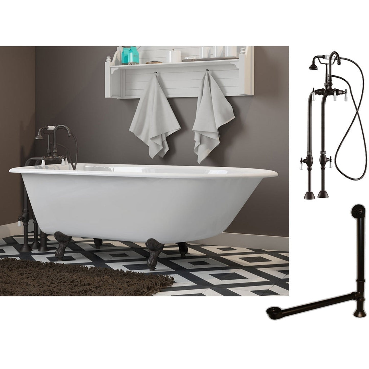 Cambridge Plumbing 60" White Cast Iron Rolled Rim Clawfoot Bathtub With No Deck Holes And Complete Plumbing Package Including Freestanding English Telephone Gooseneck Faucet, Drain And Overflow Assembly In Oil Rubbed Bronze