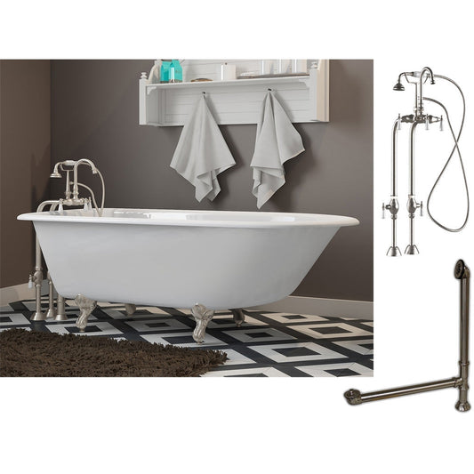 Cambridge Plumbing 60" White Cast Iron Rolled Rim Clawfoot Bathtub With No Deck Holes And Complete Plumbing Package Including Freestanding English Telephone Gooseneck Faucet, Drain And Overflow Assembly In Brushed Nickel