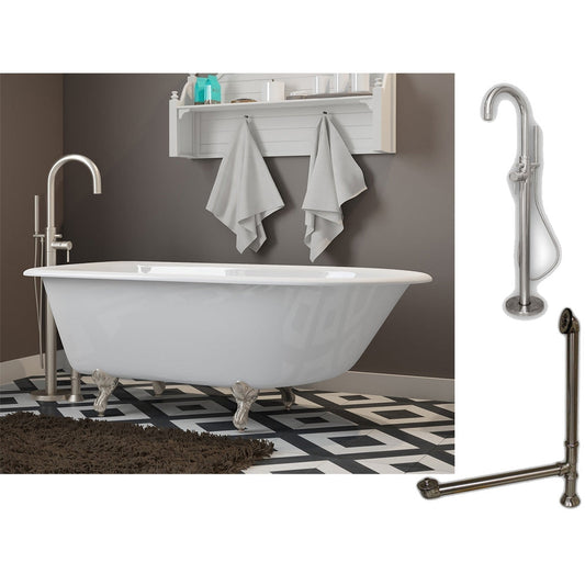 Cambridge Plumbing 60" White Cast Iron Rolled Rim Clawfoot Bathtub With No Deck Holes And Complete Plumbing Package Including Modern Floor Mounted Faucet, Drain And Overflow Assembly In Brushed Nickel