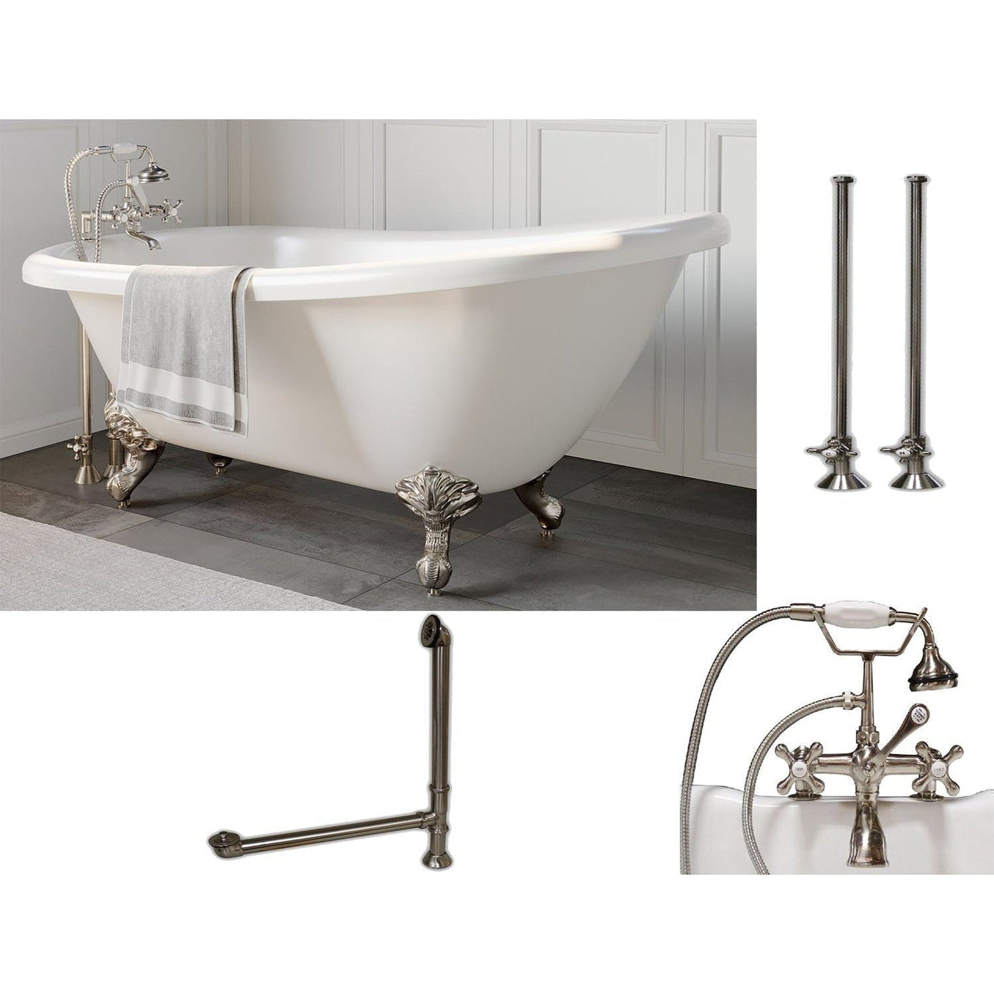 Cambridge Plumbing 61" White Acrylic Single Slipper Clawfeet Bathtub With Deck Holes And Complete Plumbing Package Including 2” Riser Deck Mount Faucet, Supply Lines, Drain And Overflow Assembly In Polished Chrome
